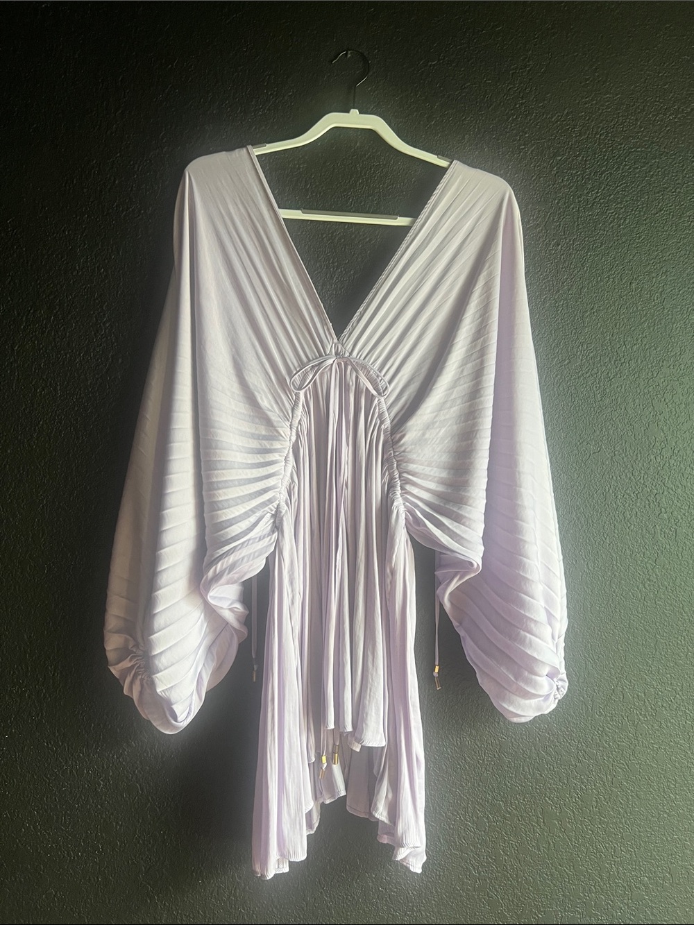 Free People Pale Lavender  Balloon Sleeve Ruched V-Neck Tunic Dress